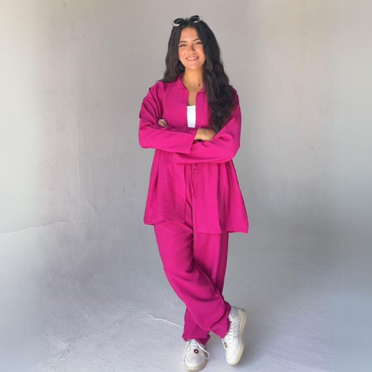 Mamilly Jeans Women Summer Suit Spanish Linen Long Sleeve Shirt And Pants Two-Pieces Set Fuchsia Color