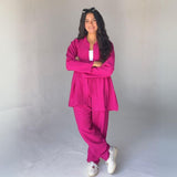 Mamilly Jeans Women Summer Suit Spanish Linen Long Sleeve Shirt And Pants Two-Pieces Set Fuchsia Color