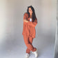 Mamilly Jeans Women Summer Suit Spanish Linen Long Sleeve Shirt And Pants Two-Pieces Set Brown Color