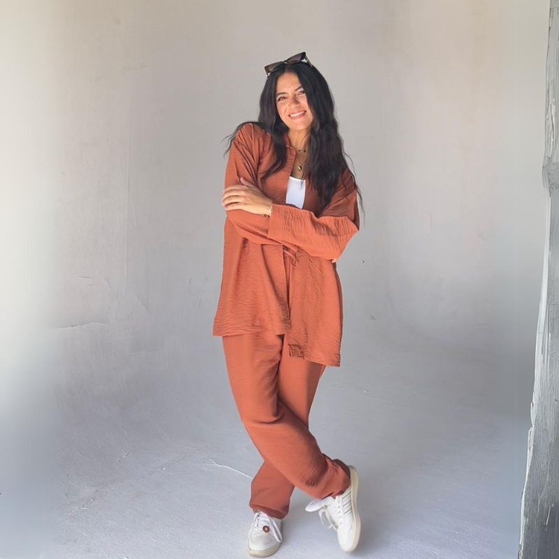 Mamilly Jeans Women Summer Suit Spanish Linen Long Sleeve Shirt And Pants Two-Pieces Set Brown Color