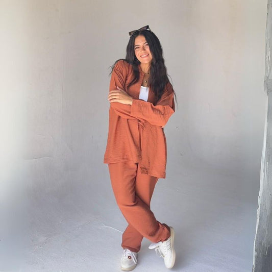 Mamilly Jeans Women Summer Suit Spanish Linen Long Sleeve Shirt And Pants Two-Pieces Set Brown Color