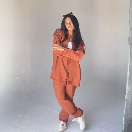 Mamilly Jeans Women Summer Suit Spanish Linen Long Sleeve Shirt And Pants Two-Pieces Set Kiwi Color - Brown