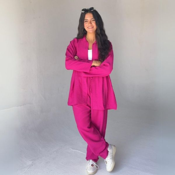 Mamilly Jeans Women Summer Suit Spanish Linen Long Sleeve Shirt And Pants Two-Pieces Set Kiwi Color - Fuchsia