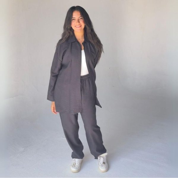 Mamilly Jeans Women Summer Suit Spanish Linen Long Sleeve Shirt And Pants Two-Pieces Set Kiwi Color - Black