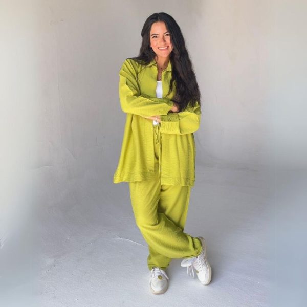 Mamilly Jeans Women Summer Suit Spanish Linen Long Sleeve Shirt And Pants Two-Pieces Set Kiwi Color