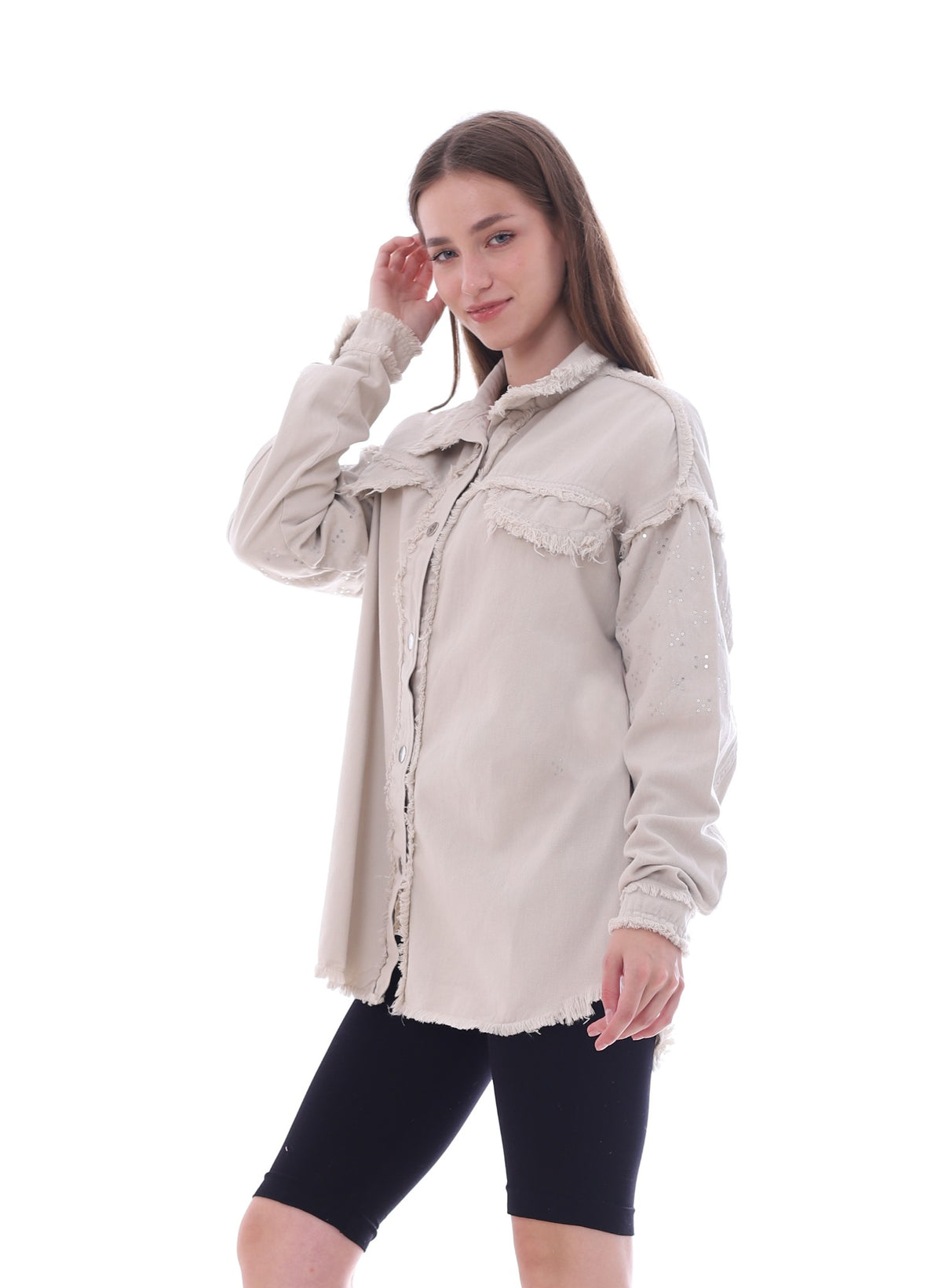 Gabardine With Sequins On The Shoulder Jacket Beige Color OJ-553BG