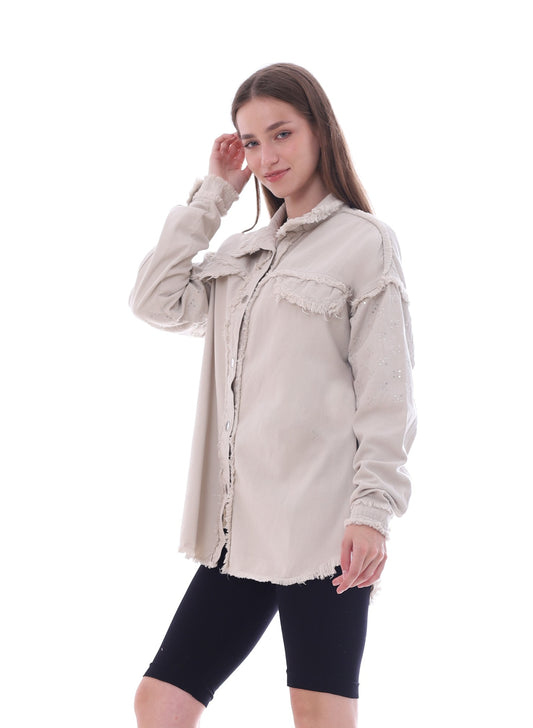 Gabardine With Sequins On The Shoulder Jacket Beige Color OJ-553BG