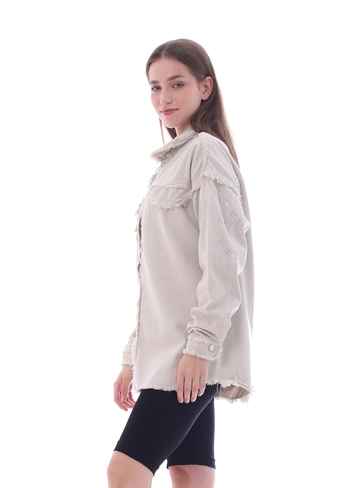 Gabardine With Sequins On The Shoulder Jacket Beige Color OJ-553BG