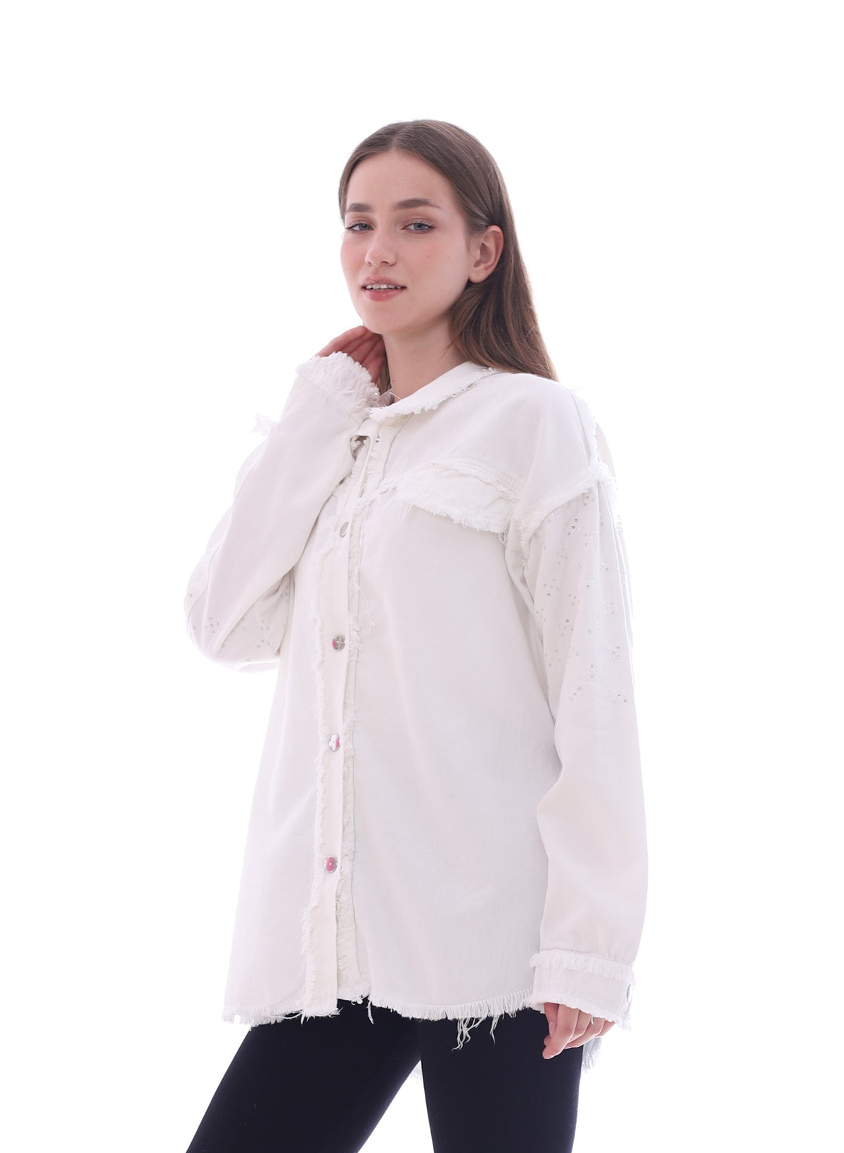 Gabardine With Sequins On The Shoulder Jacket White Color OJ-553W