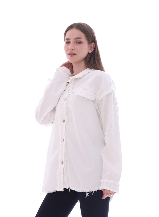 Gabardine With Sequins On The Shoulder Jacket White Color OJ-553W