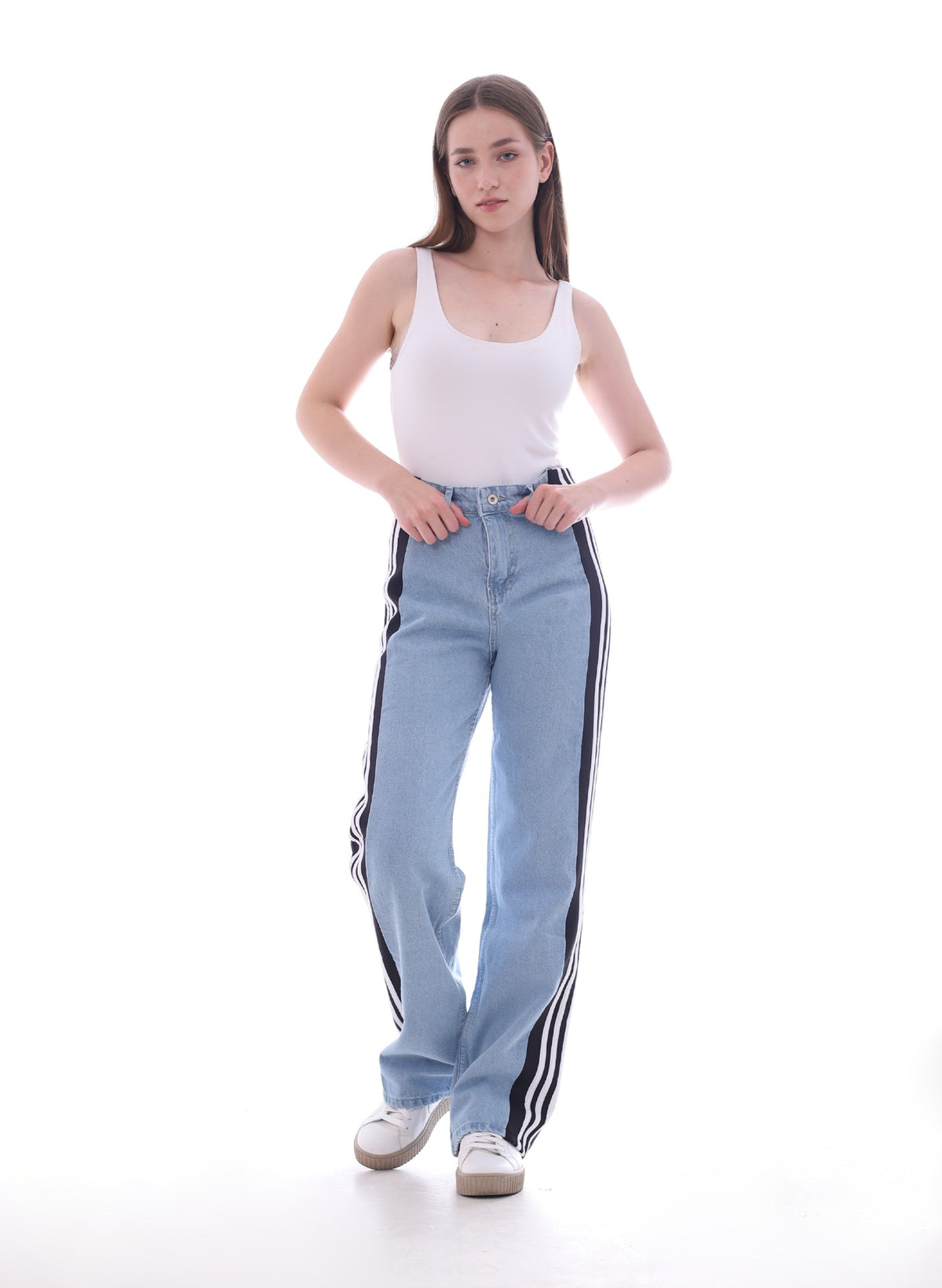 Straight Black Side With Stripes White Pants Jeans Blue OB-651