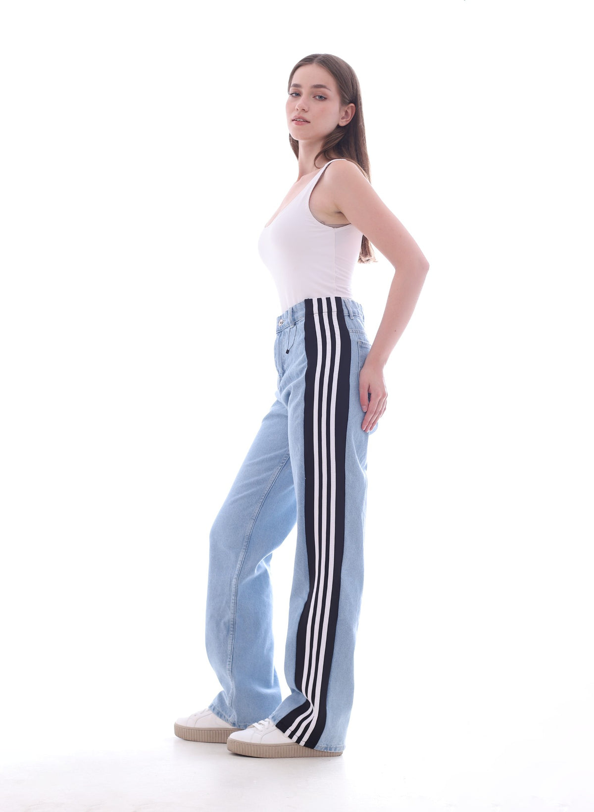 Straight Black Side With Stripes White Pants Jeans Blue OB-651