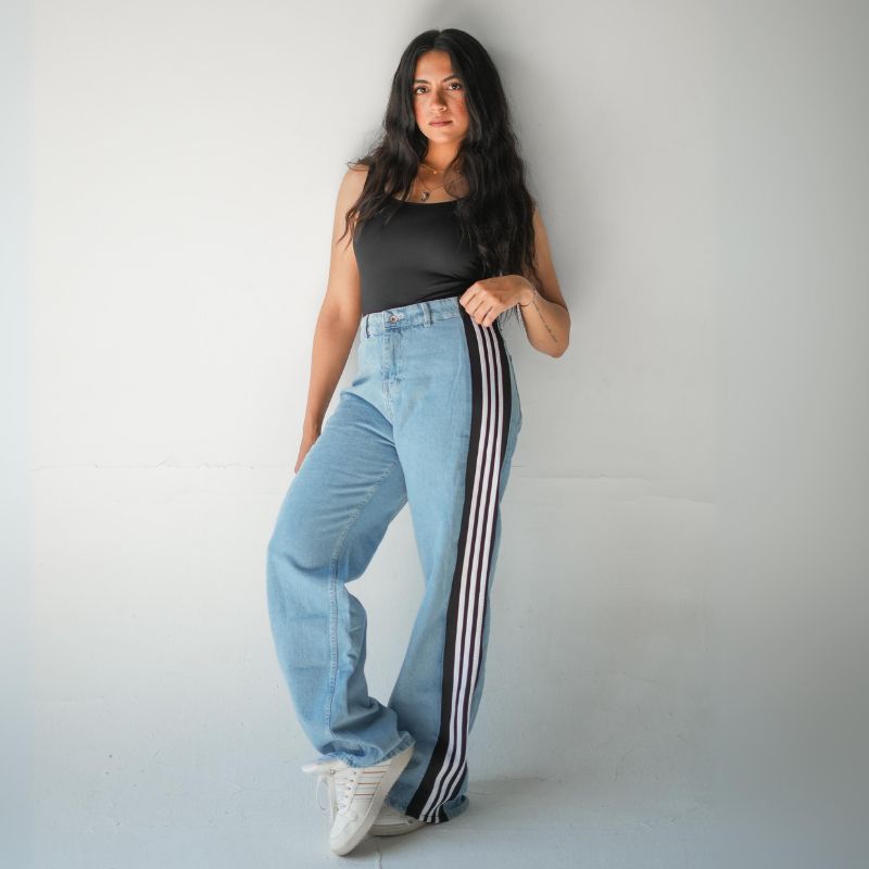 Straight Black Side With Stripes White Pants Jeans Blue OB-651