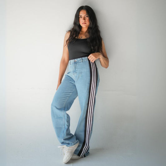 Straight Black Side With Stripes White Pants Jeans Blue OB-651