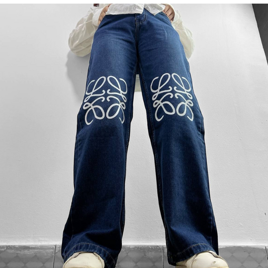 High Waist Straight Printed Loewe Dark Blue Jeans Pants