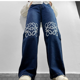 High Waist Straight Printed Loewe Dark Blue Jeans Pants