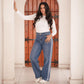 High Waist Straight With Side Stripes White Pants Jeans Blue OB-2012