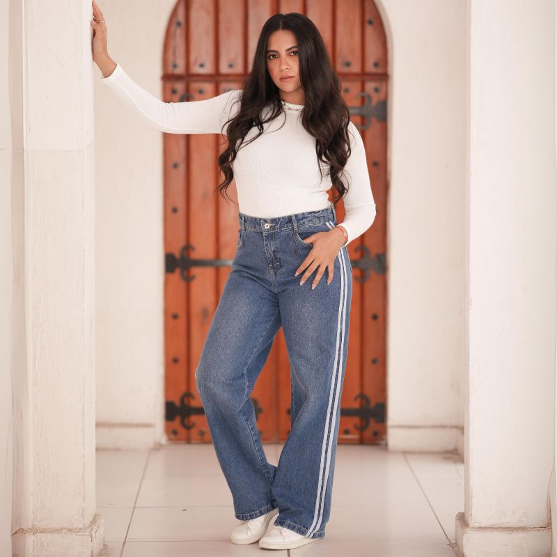 High Waist Straight With Side Stripes White Pants Jeans Blue OB-2012