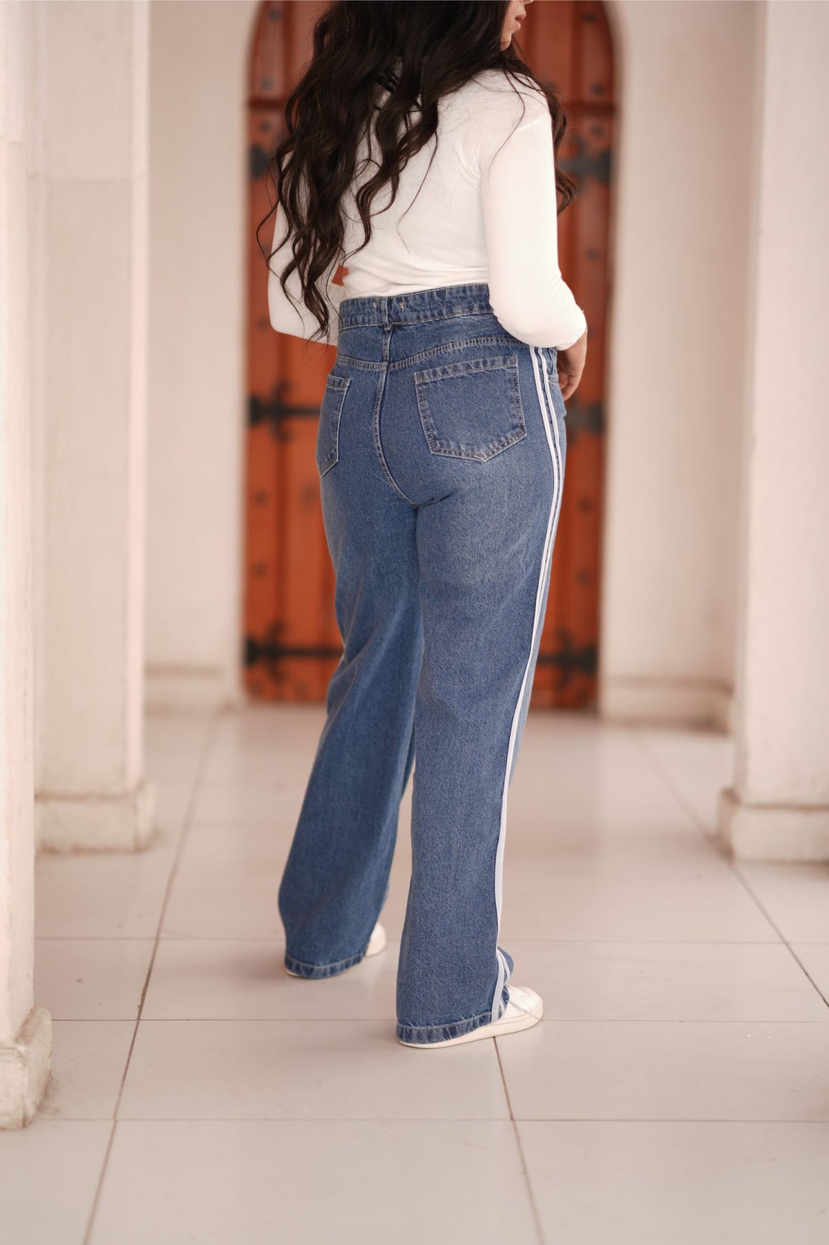 High Waist Straight With Side Stripes White Pants Jeans Blue OB-2012