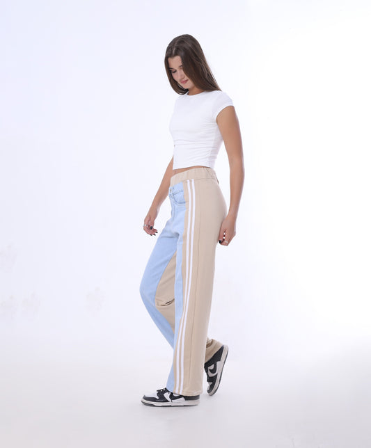 Milton x Jeans High Waist Straight Pants With Side 2 White Stripes OB-2014 - Light Beige