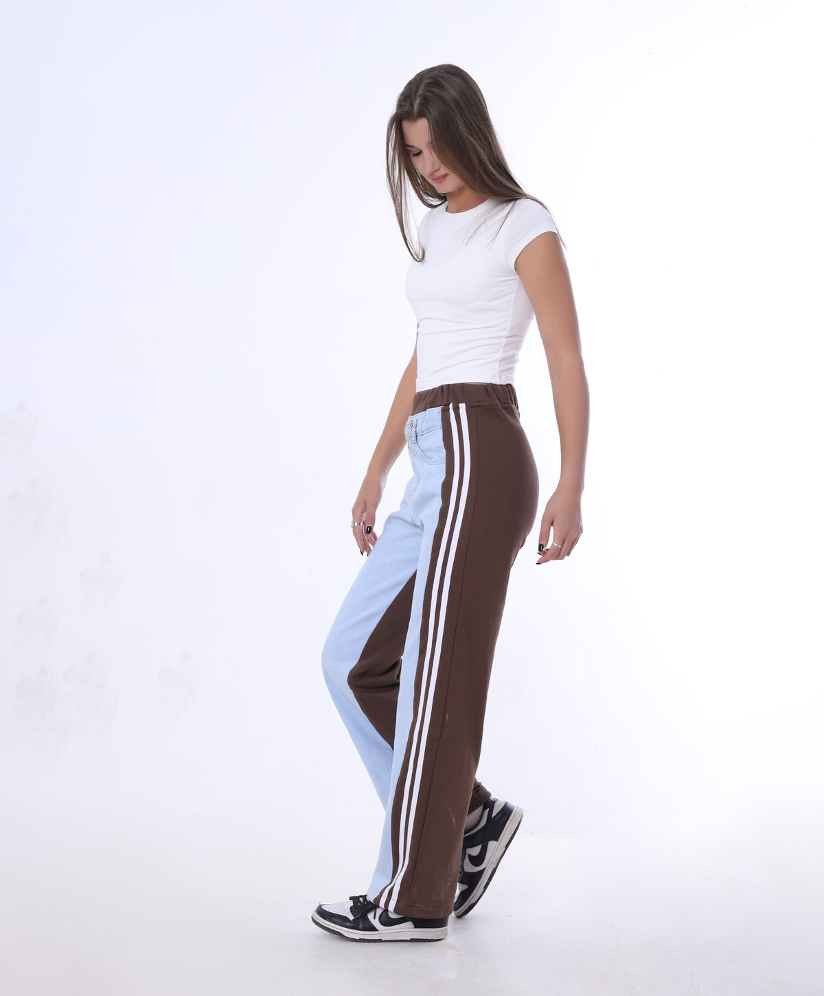 Milton x Jeans High Waist Straight Pants With Side 2 White Stripes OB-2014 - Brown