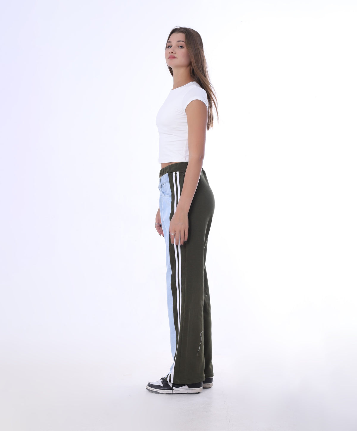 Milton x Jeans High Waist Straight Pants With Side 2 White Stripes OB-2014 - Olive Green (Khaki)