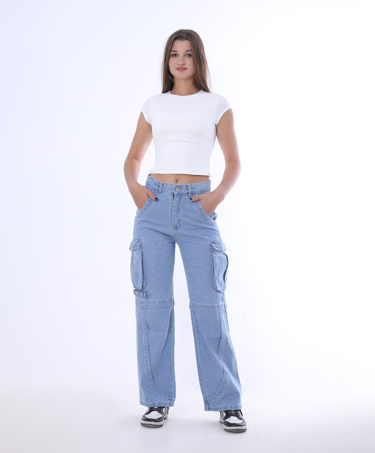 High Waist Flap Pocket Cargo Medium Blue Jeans Pants OB-653 - Light Blue