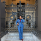 Jeans Suit Women Fall Button Long Sleeve Shirt And Pant Two-Piece Set Dark Blue Color