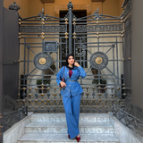 Jeans Suit Women Fall Button Long Sleeve Shirt And Pant Two-Piece Set Dark Blue Color