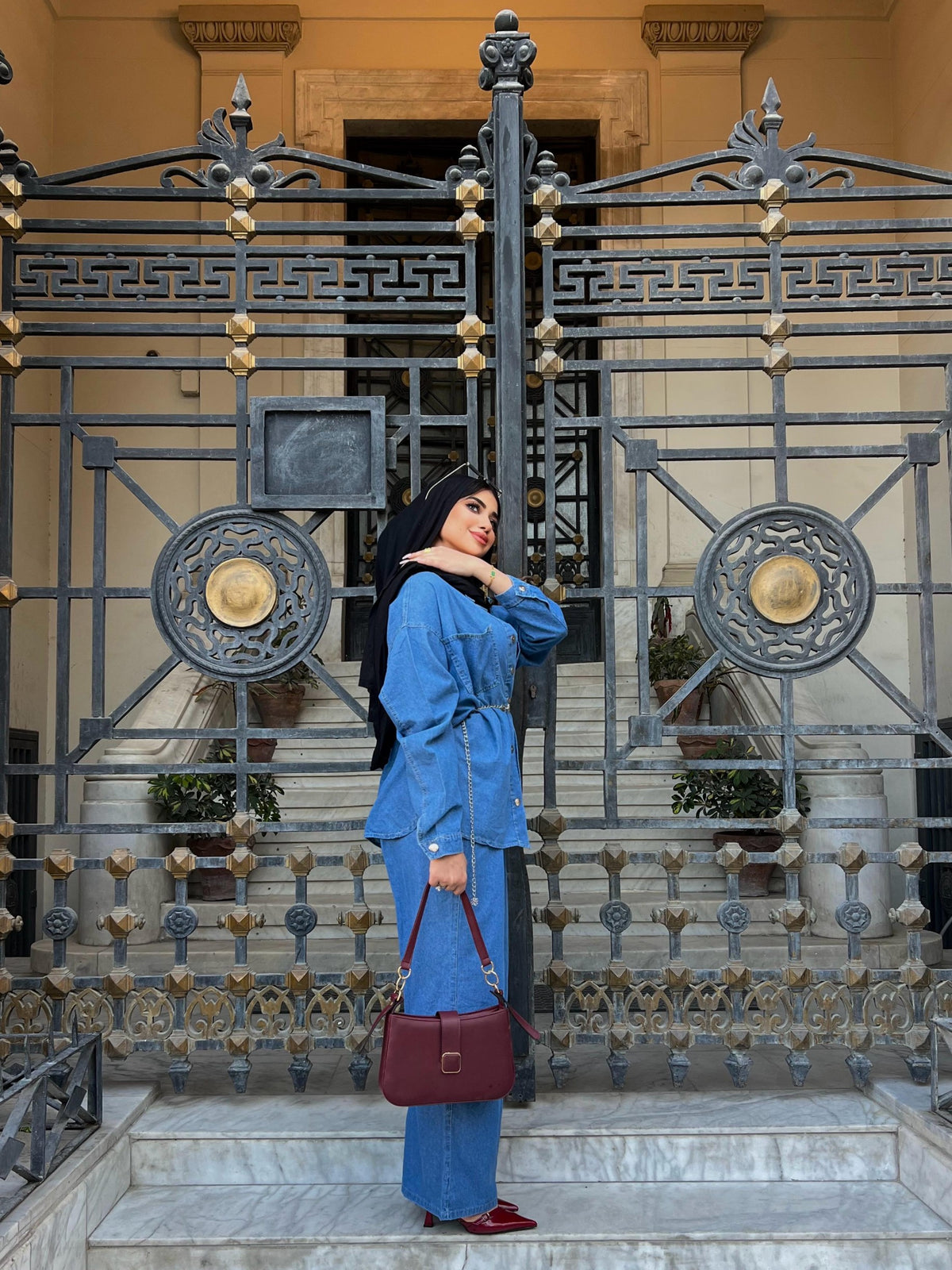 Jeans Suit Women Fall Button Long Sleeve Shirt And Pant Two-Piece Set Dark Blue Color