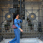 Jeans Suit Women Fall Button Long Sleeve Shirt And Pant Two-Piece Set Dark Blue Color