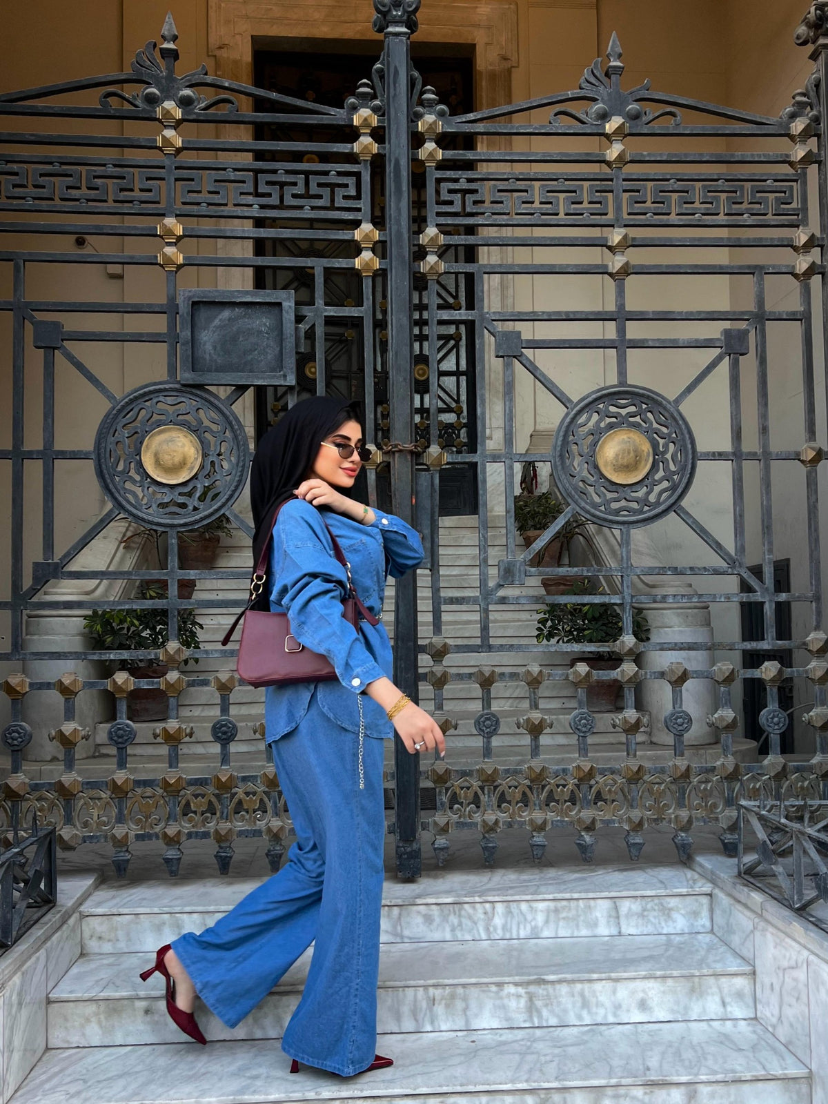 Jeans Suit Women Fall Button Long Sleeve Shirt And Pant Two-Piece Set Dark Blue Color