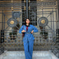 Jeans Suit Women Fall Button Long Sleeve Shirt And Pant Two-Piece Set Dark Blue Color