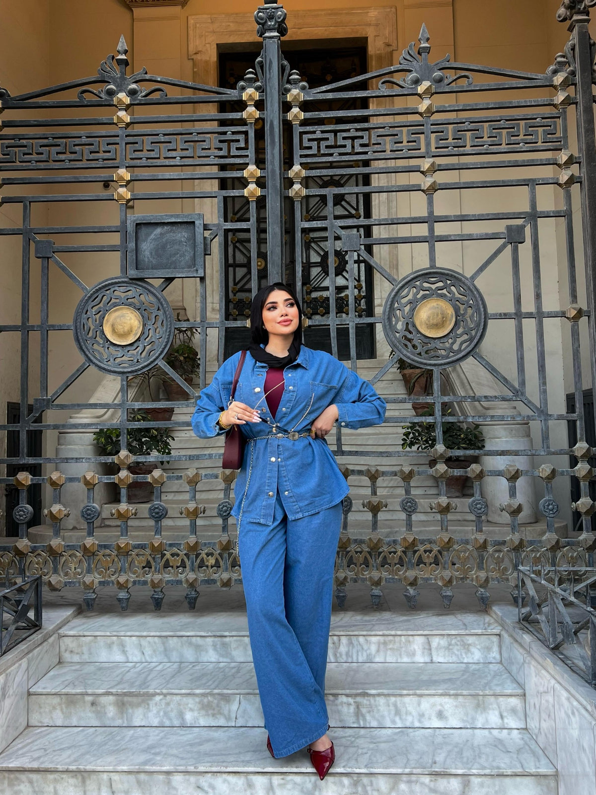 Jeans Suit Women Fall Button Long Sleeve Shirt And Pant Two-Piece Set Dark Blue Color