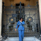 Jeans Suit Women Fall Button Long Sleeve Shirt And Pant Two-Piece Set Dark Blue Color