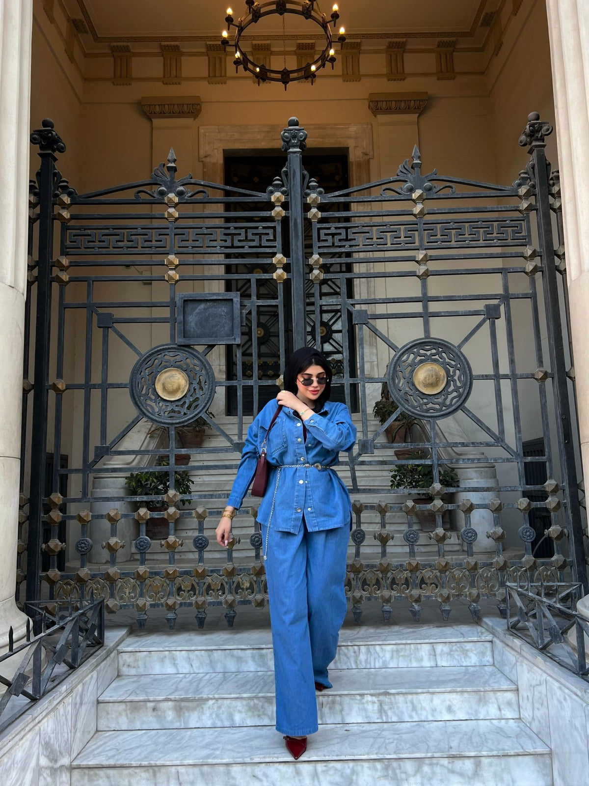 Jeans Suit Women Fall Button Long Sleeve Shirt And Pant Two-Piece Set Dark Blue Color