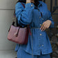 Jeans Suit Women Fall Button Long Sleeve Shirt And Pant Two-Piece Set Dark Blue Color