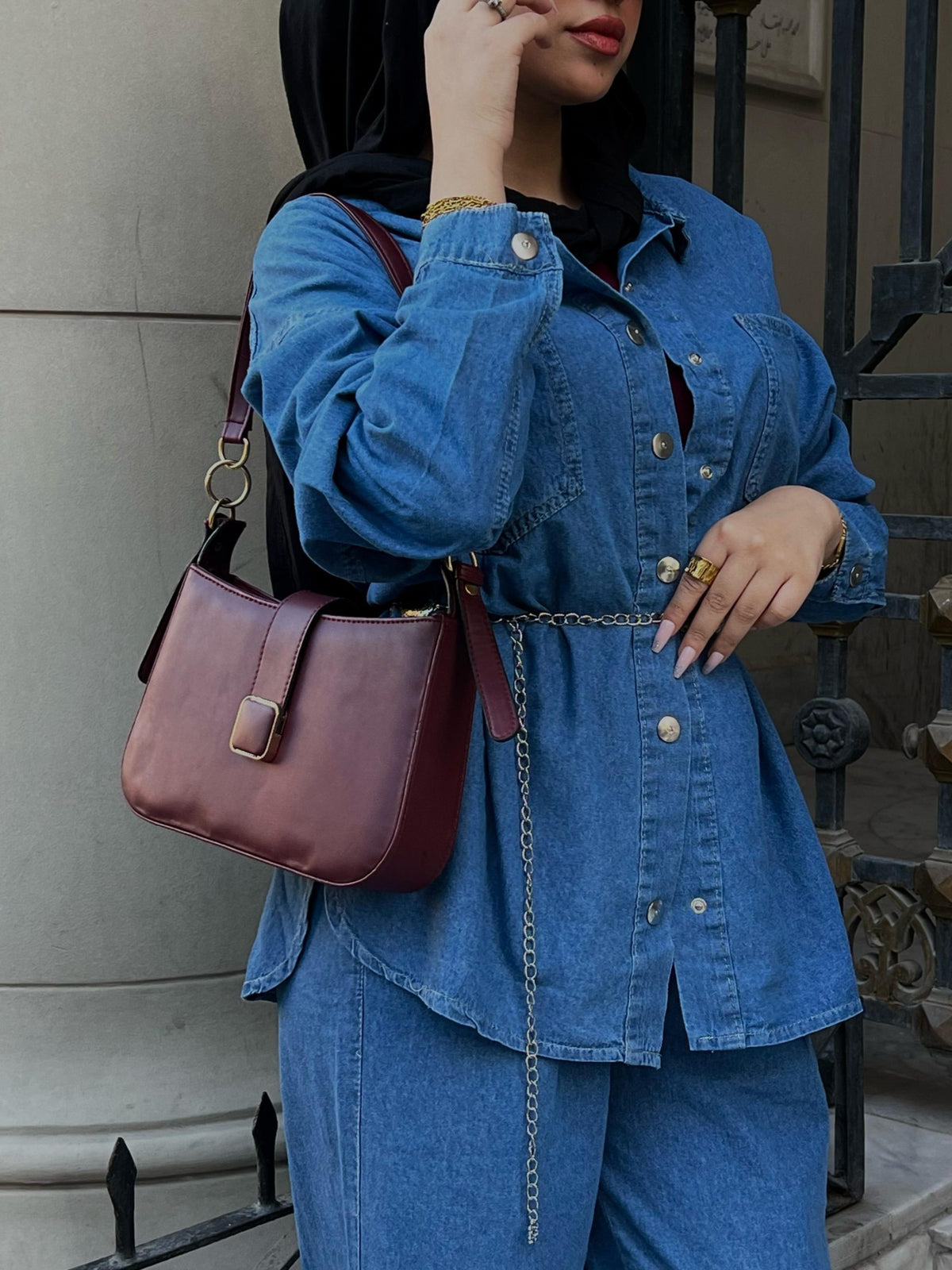 Jeans Suit Women Fall Button Long Sleeve Shirt And Pant Two-Piece Set Dark Blue Color