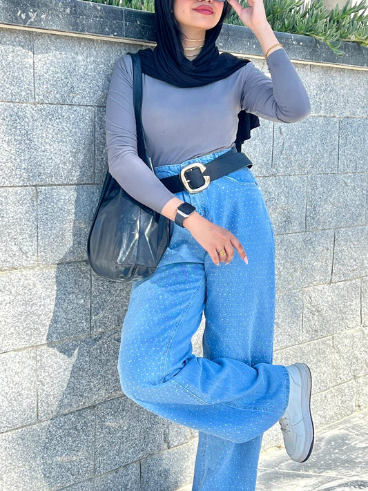 Strass Studded Jeans Pants Medium Blue OBS-350B