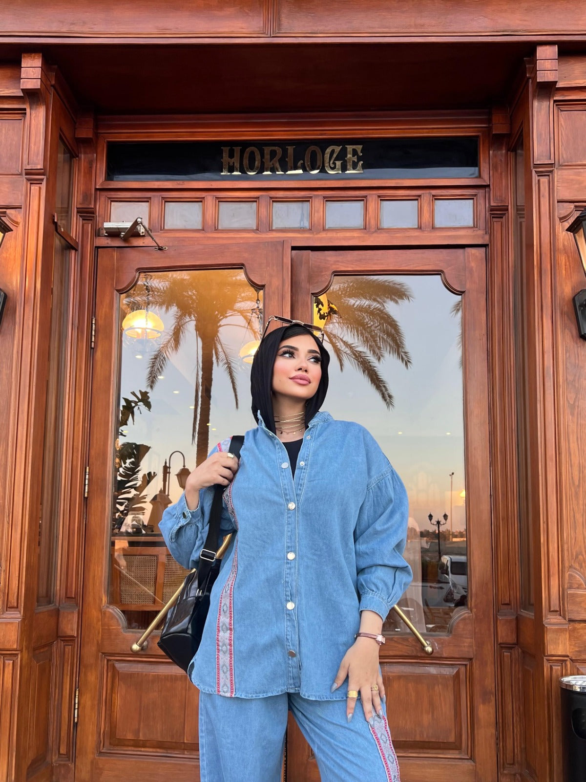 Women's 2-Piece Denim Set Long Sleeve Shirt and Wide Leg Pants Blue Color