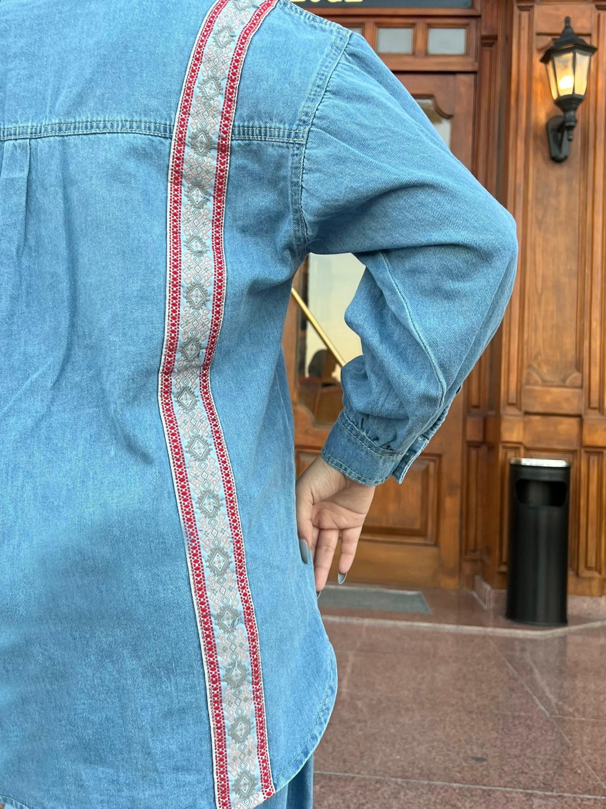 Women's 2-Piece Denim Set Long Sleeve Shirt and Wide Leg Pants Blue Color