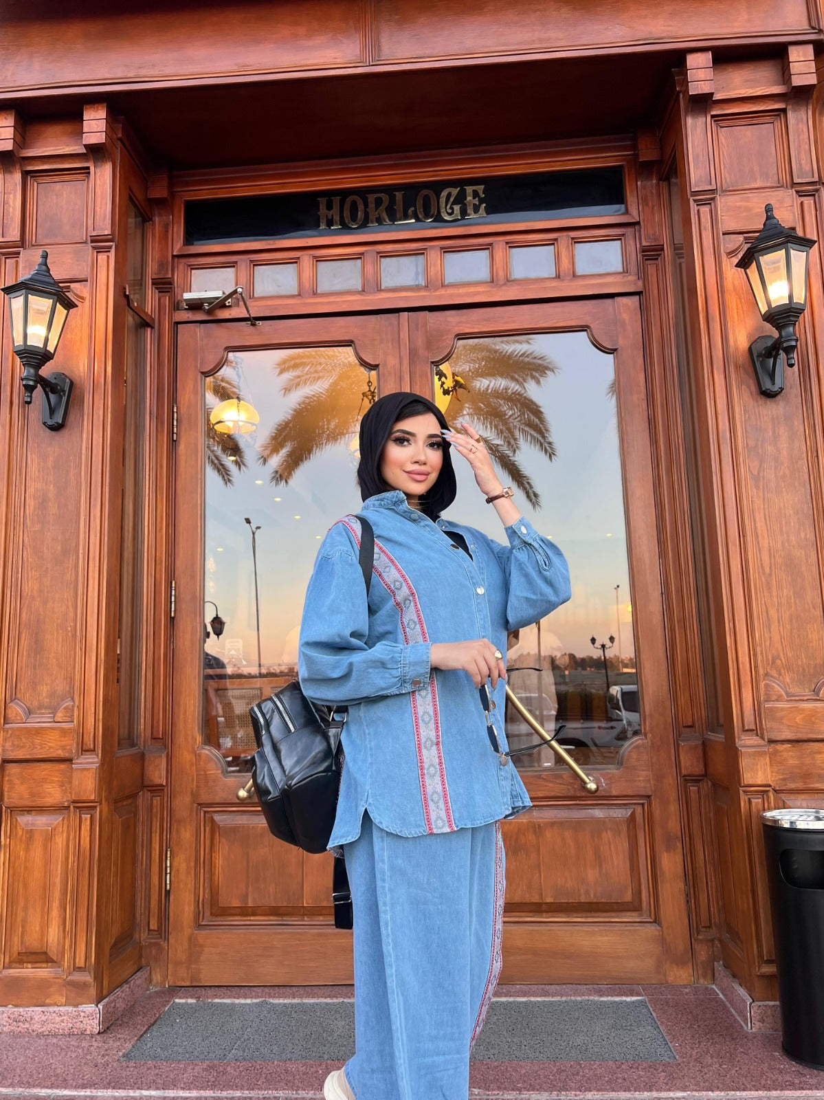 Women's 2-Piece Denim Set Long Sleeve Shirt and Wide Leg Pants Blue Color
