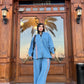 Women's 2-Piece Denim Set Long Sleeve Shirt and Wide Leg Pants Blue Color