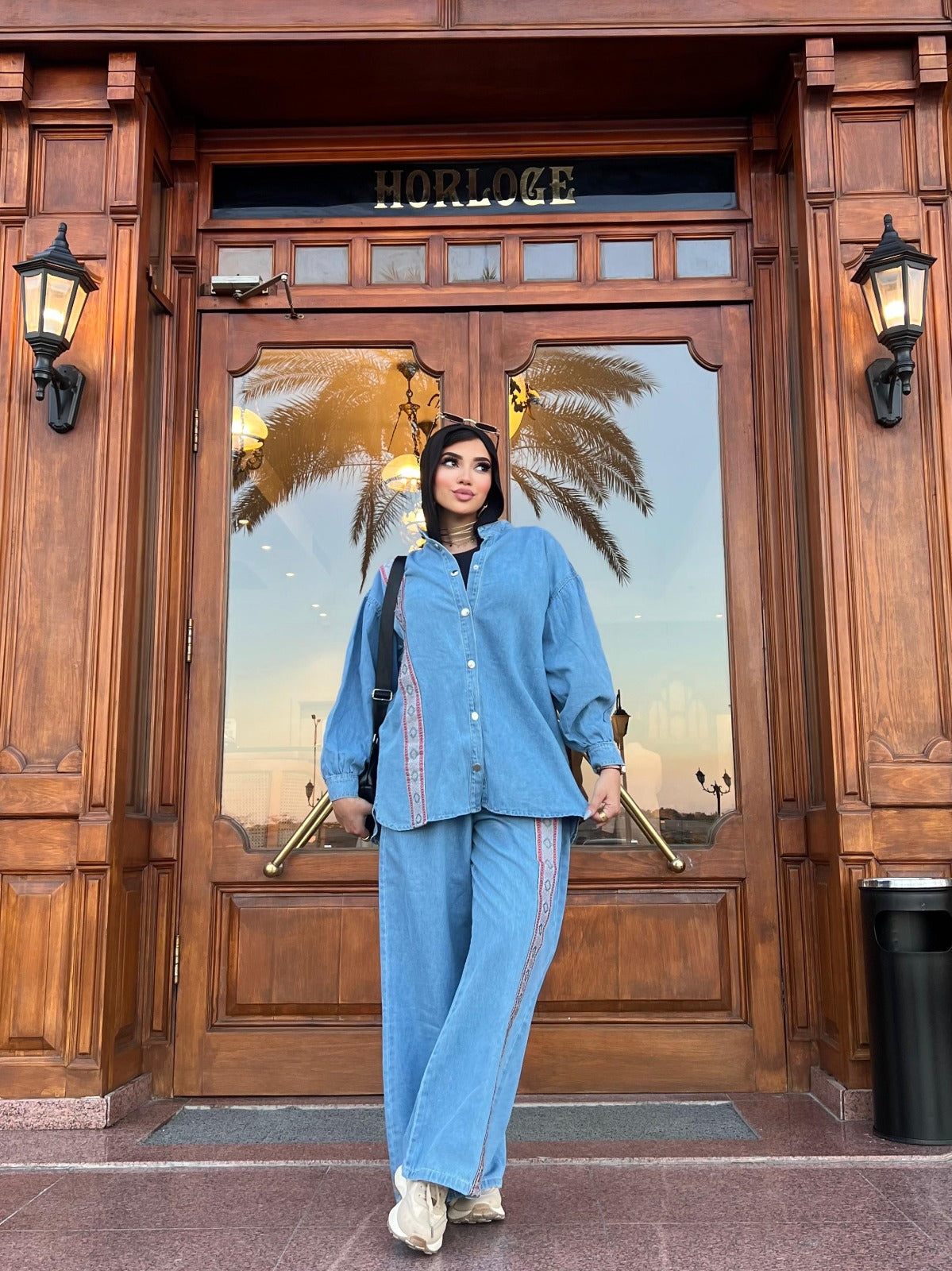 Women's 2-Piece Denim Set Long Sleeve Shirt and Wide Leg Pants Blue Color
