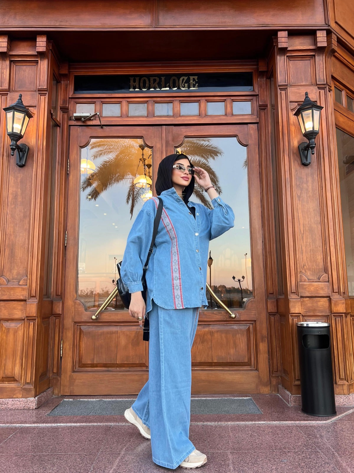Women's 2-Piece Denim Set Long Sleeve Shirt and Wide Leg Pants Blue Color