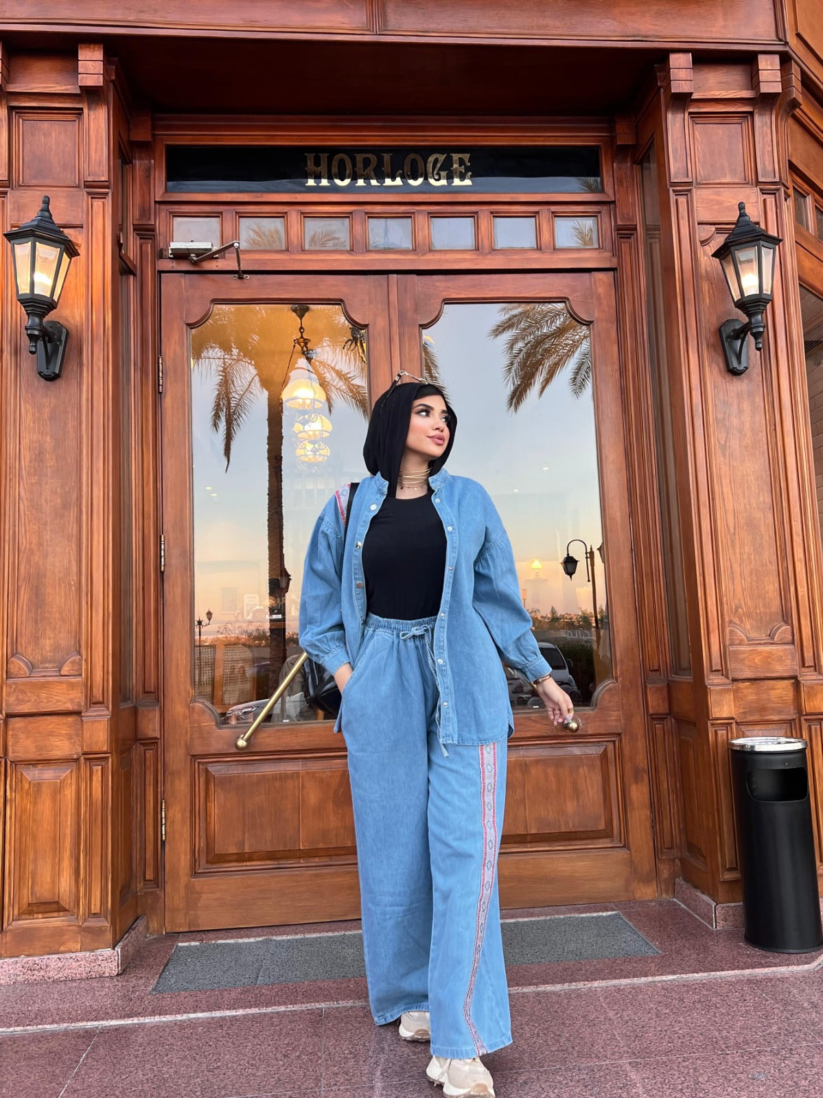 Women's 2-Piece Denim Set Long Sleeve Shirt and Wide Leg Pants Blue Color
