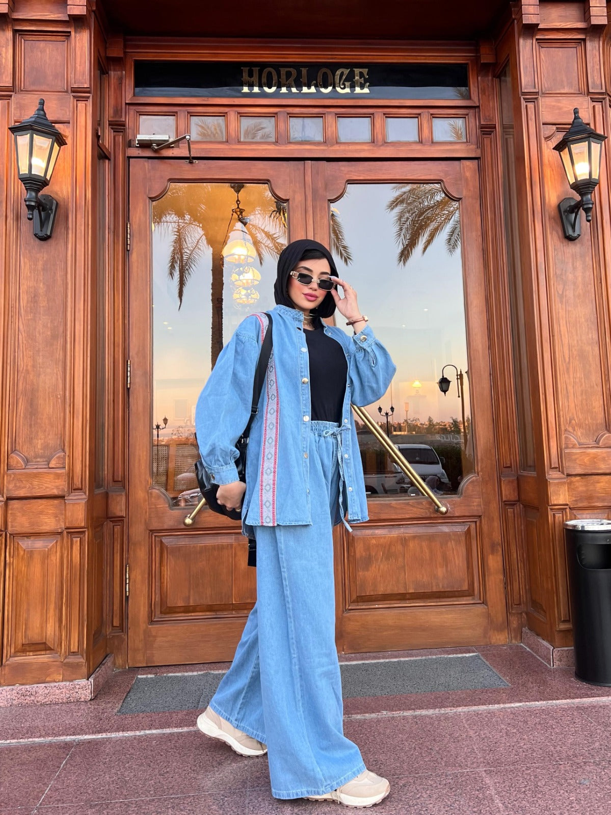 Women's 2-Piece Denim Set Long Sleeve Shirt and Wide Leg Pants Blue Color