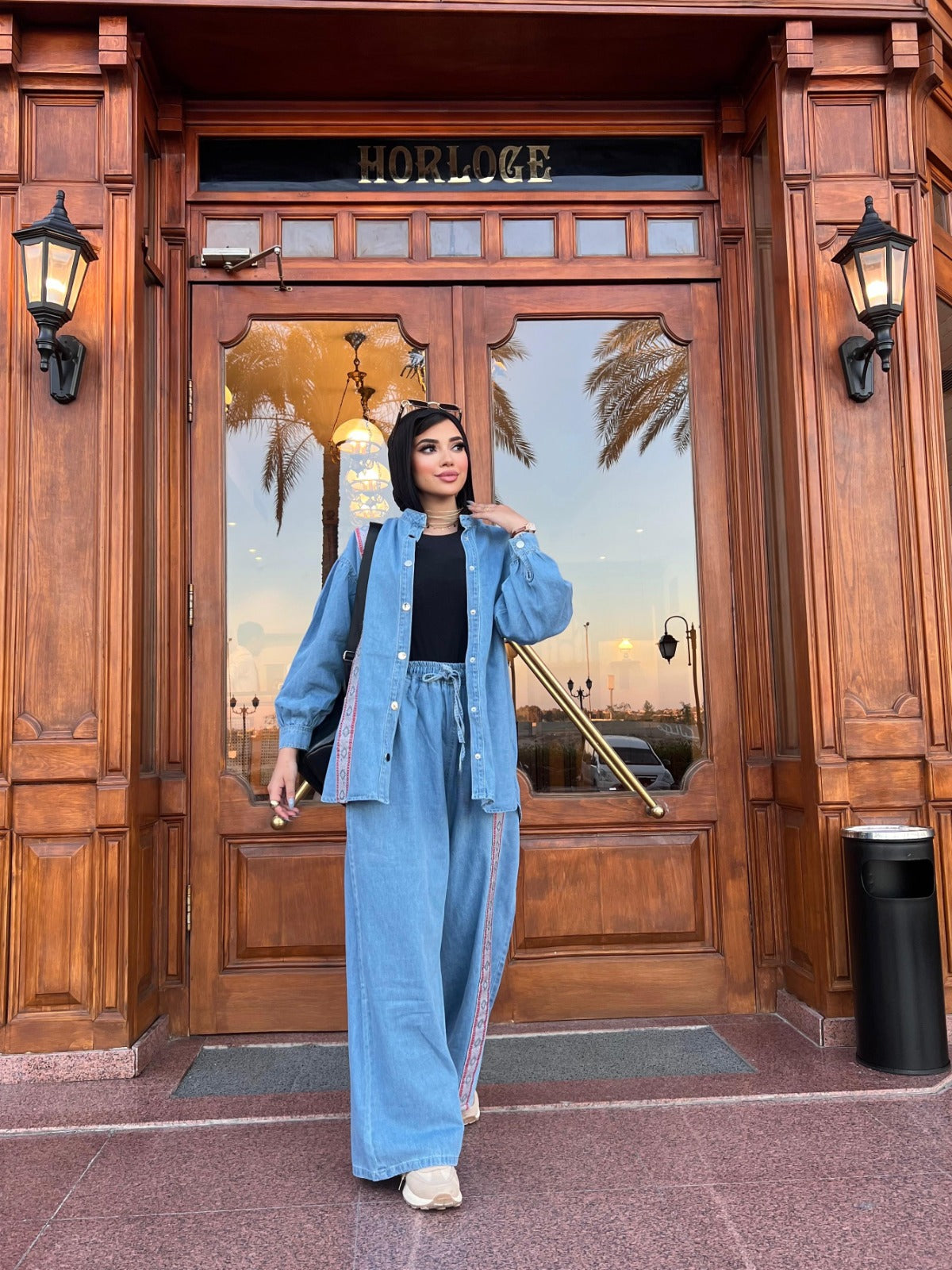 Women's 2-Piece Denim Set Long Sleeve Shirt and Wide Leg Pants Blue Color
