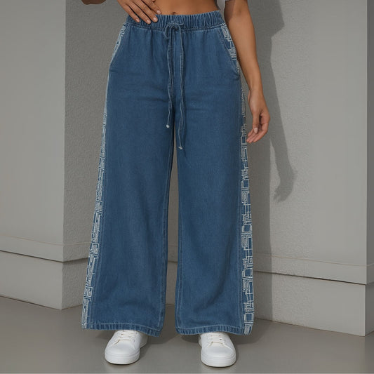 Women's Soft Wide Leg Jeans Pants Dark Blue Side embroidery ob-38-a