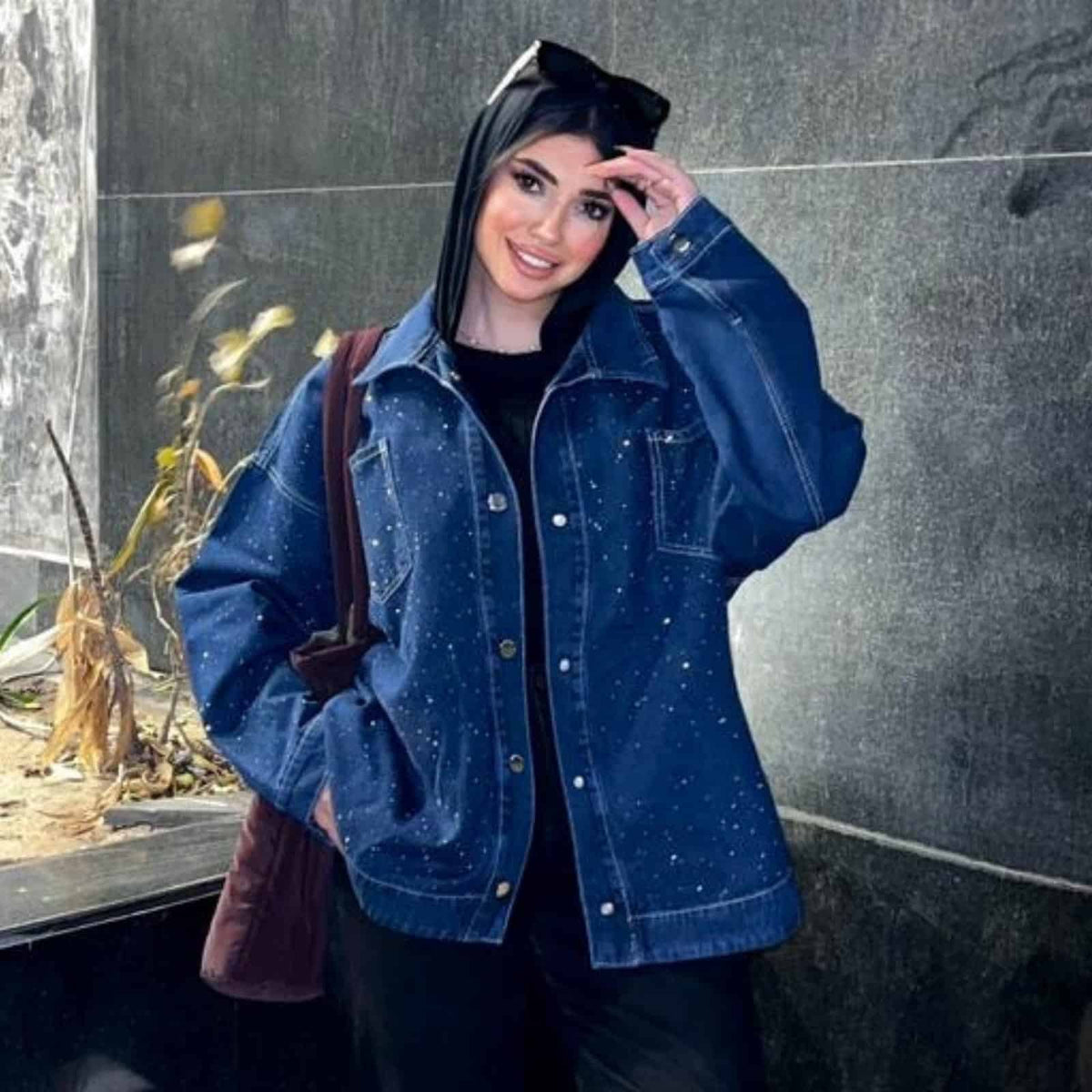 Dark Blue Women's Denim Jacket with Rhinestones – Oversized Elegant Fit